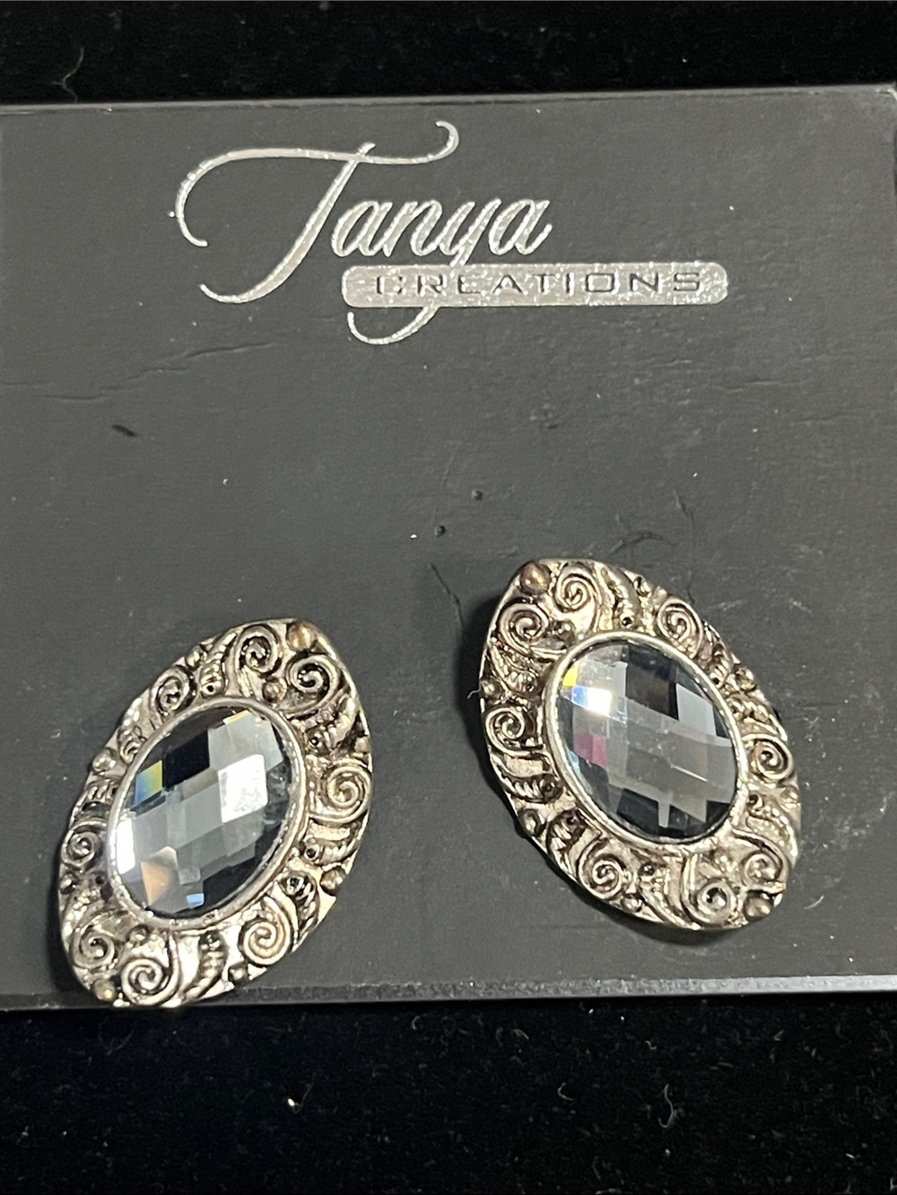 Clip Silver-Tone Clear Crystal Oval Earrings